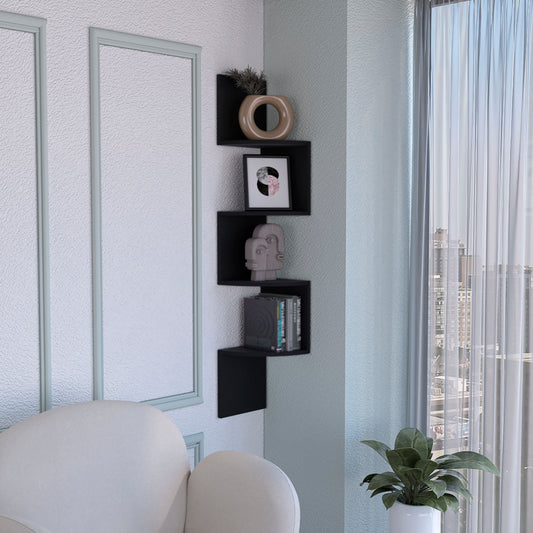Black zigzag wall shelf holding decorative objects and books