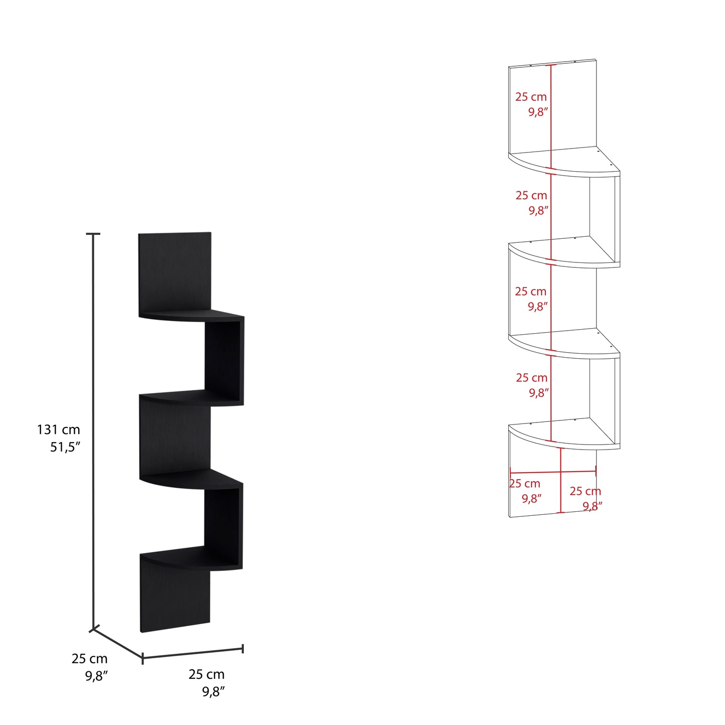 Black multilevel corner shelf with curved edges cm height