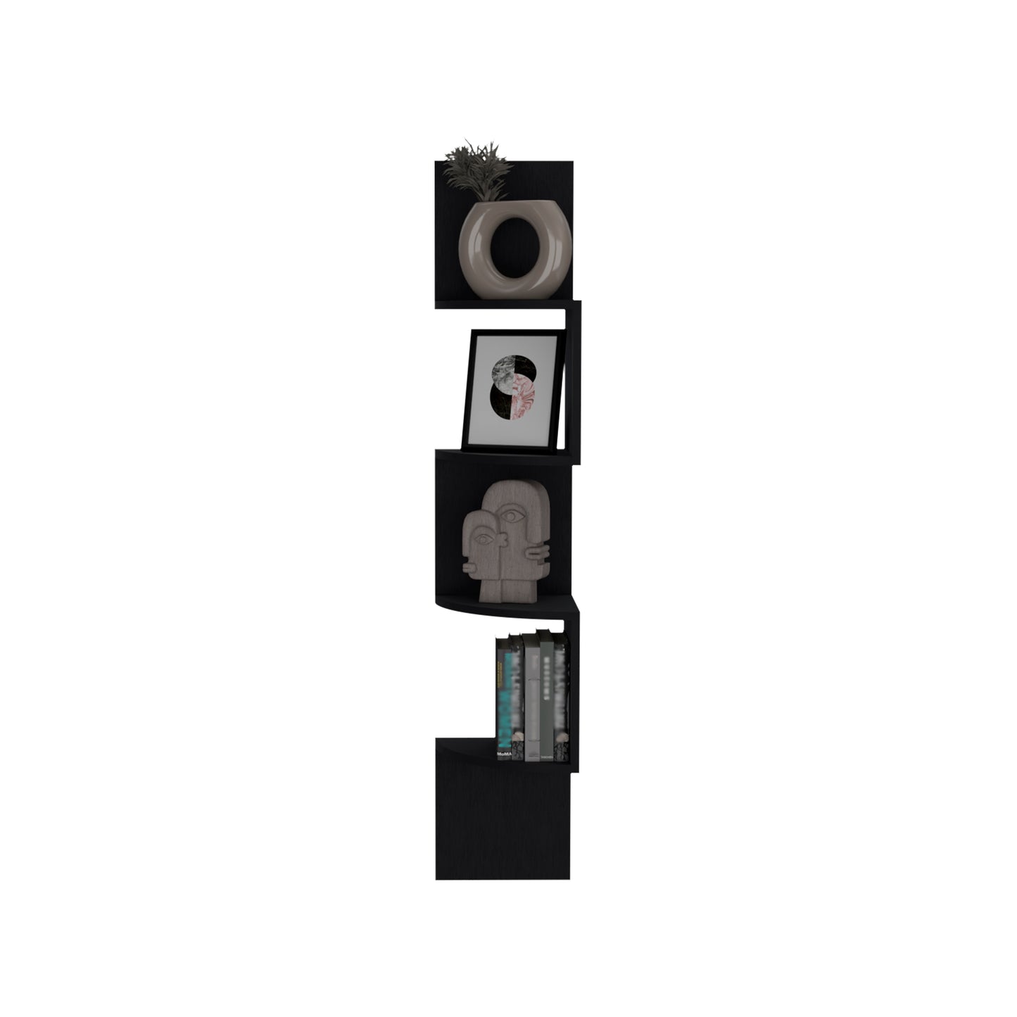 Minimalist black corner shelf with beige ring vase and faux plant