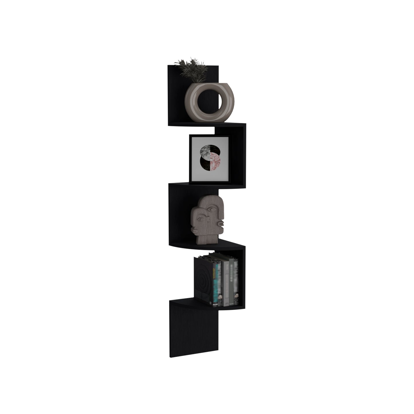 Black modern zigzag floating shelf with decorative items