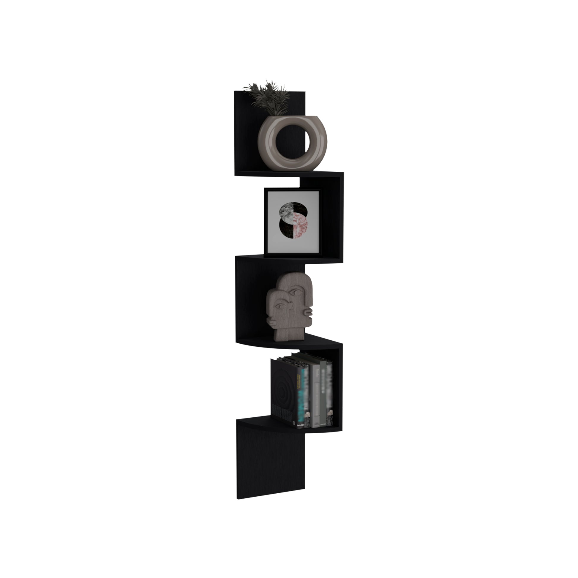 Black modern zigzag floating shelf with decorative items