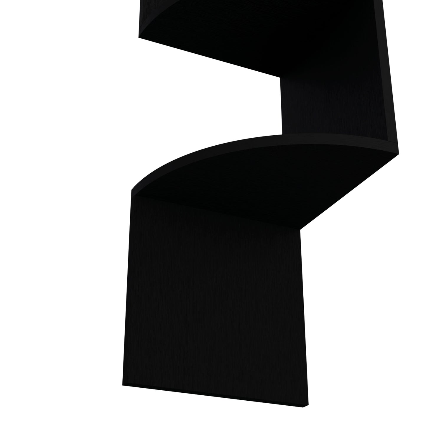 Modern black floating shelf with a curved edge and brushed wood finish