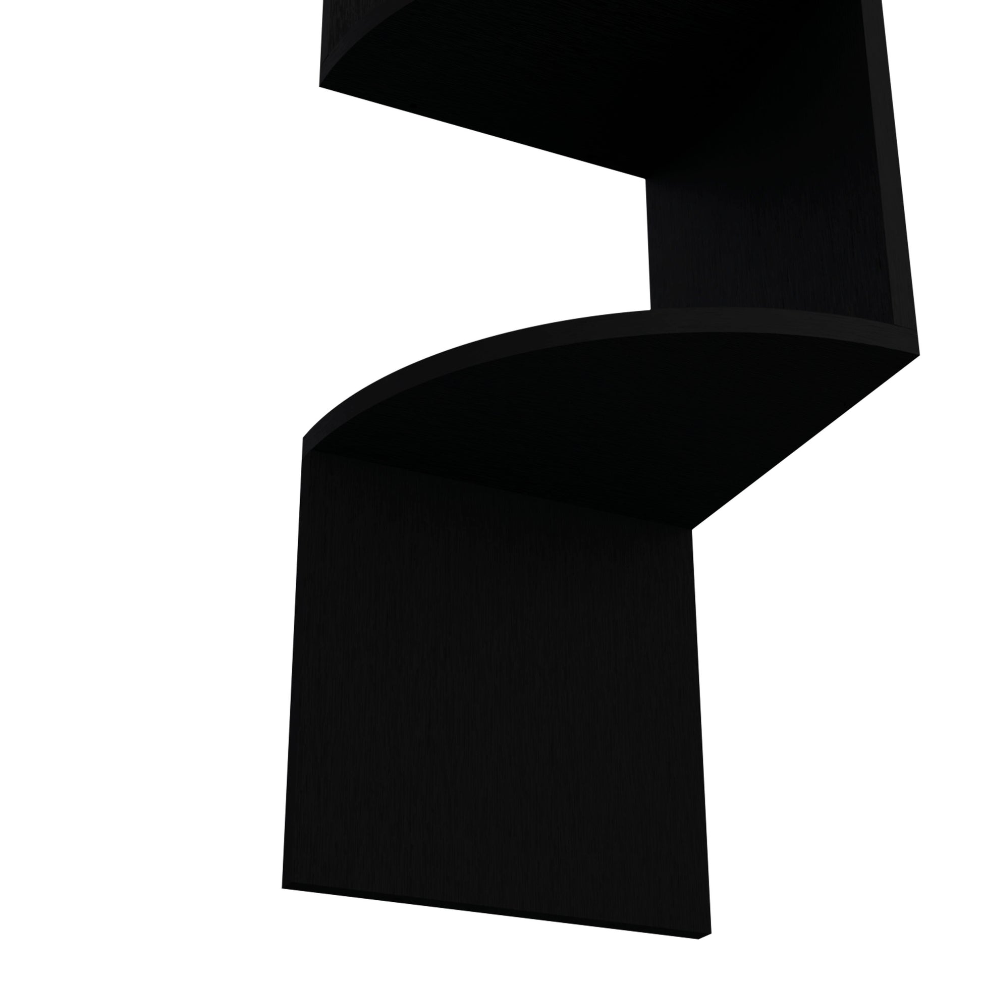 Modern black floating shelf with a curved edge and brushed wood finish