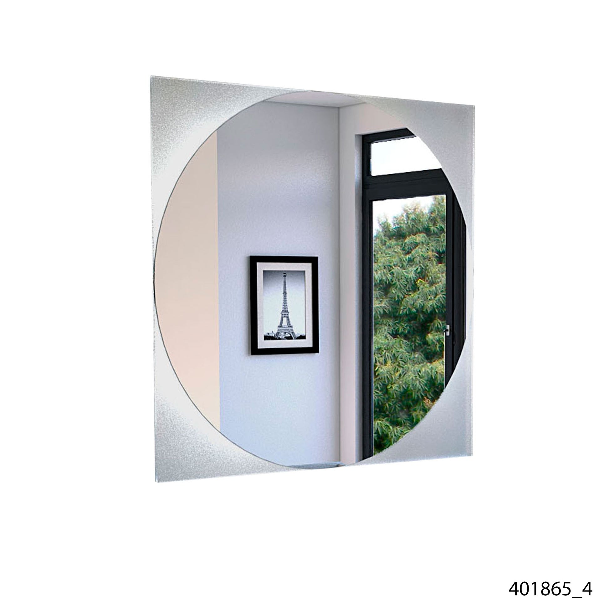 Modern square mirror with a textured silver frame and a large circular reflective surface