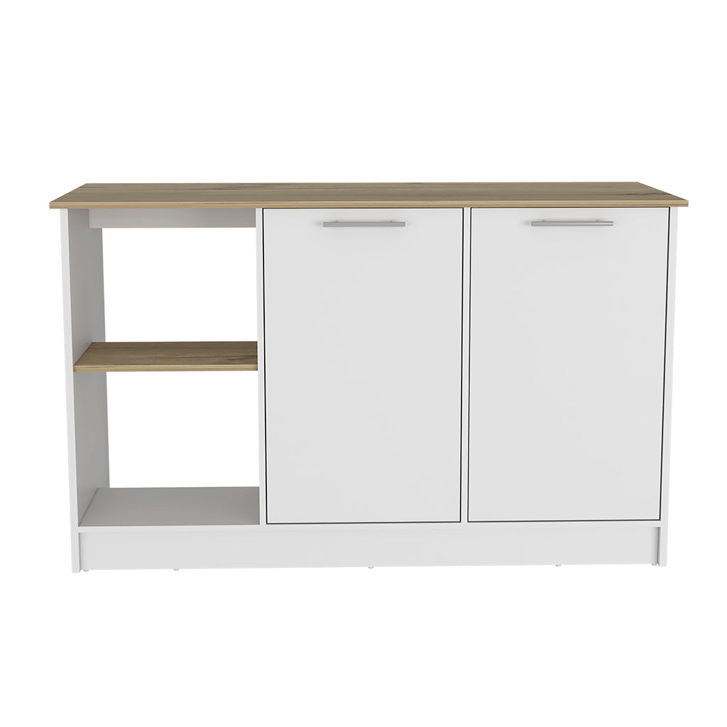White and wood effect cabinet with two doors and open shelving