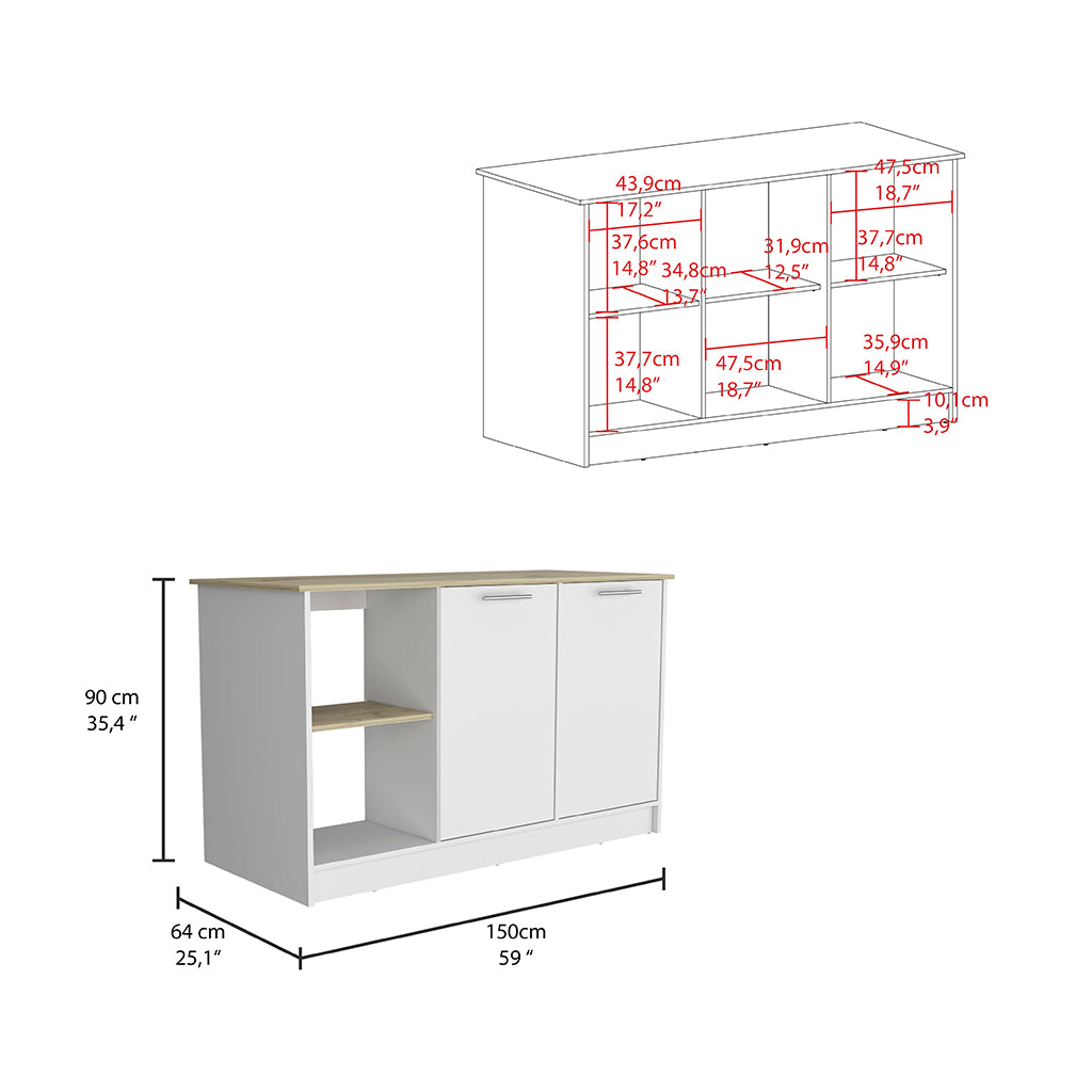 White kitchen cabinet with light wood top and two doors