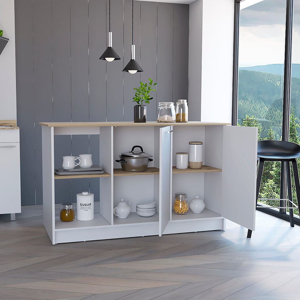 White and wood modern kitchen island with storage cabinets and shelves