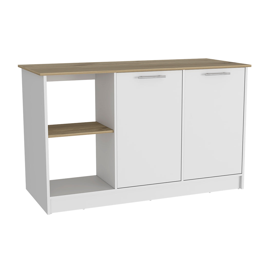 White and wood effect sideboard with two doors and open shelving
