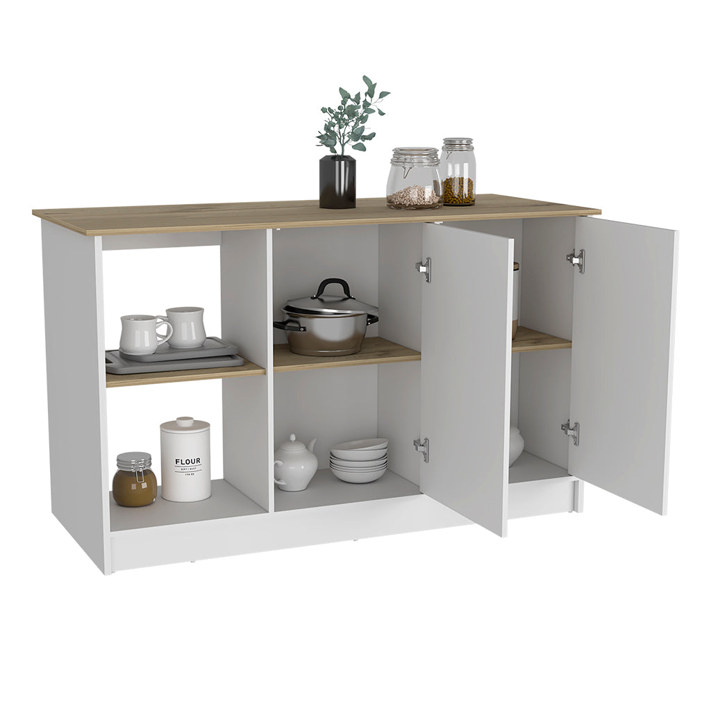 White and oak kitchen sideboard with open doors and shelves