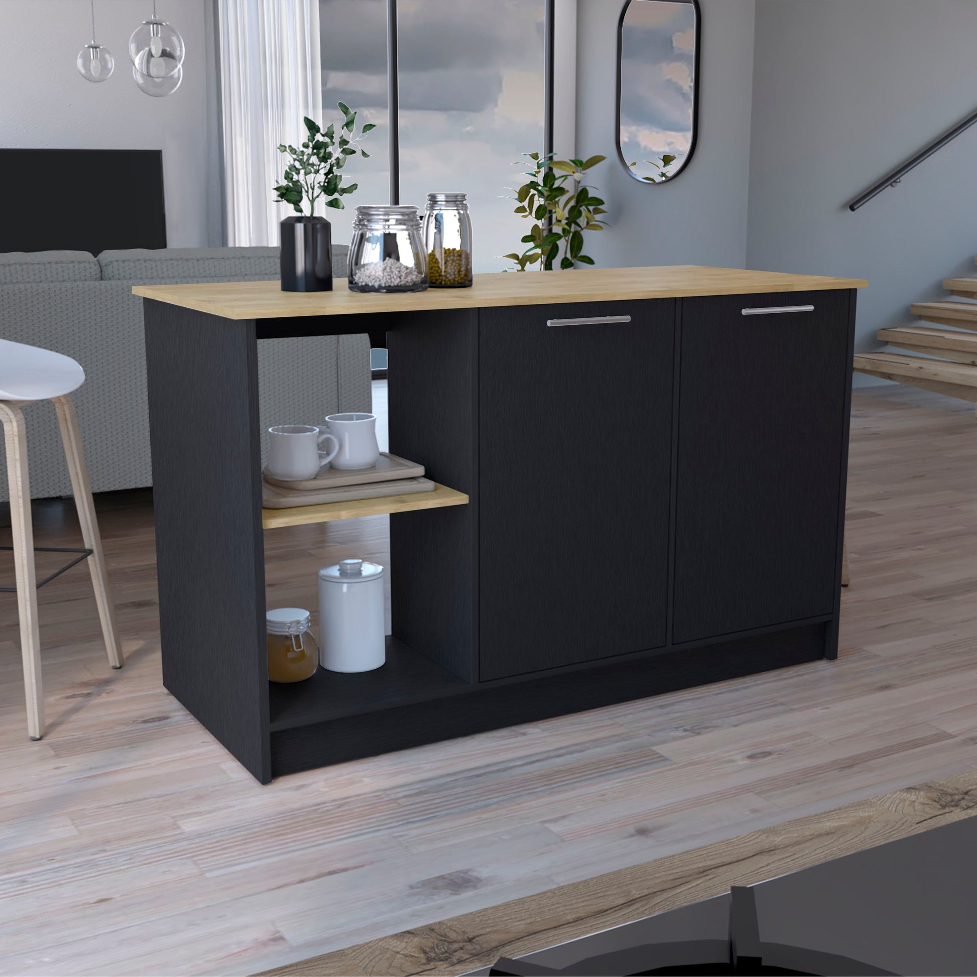Modern black kitchen island with oak countertop and open shelving
