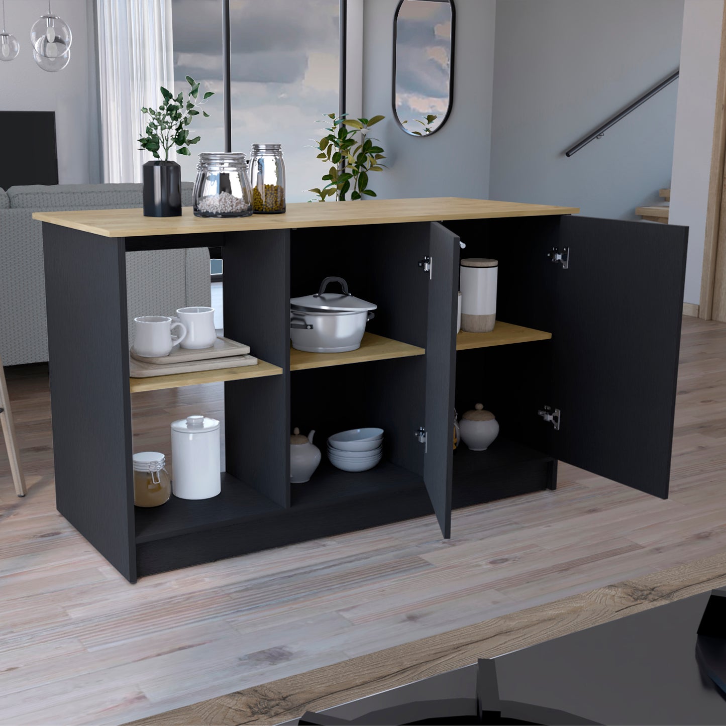 Modern black and wood kitchen island with open shelving