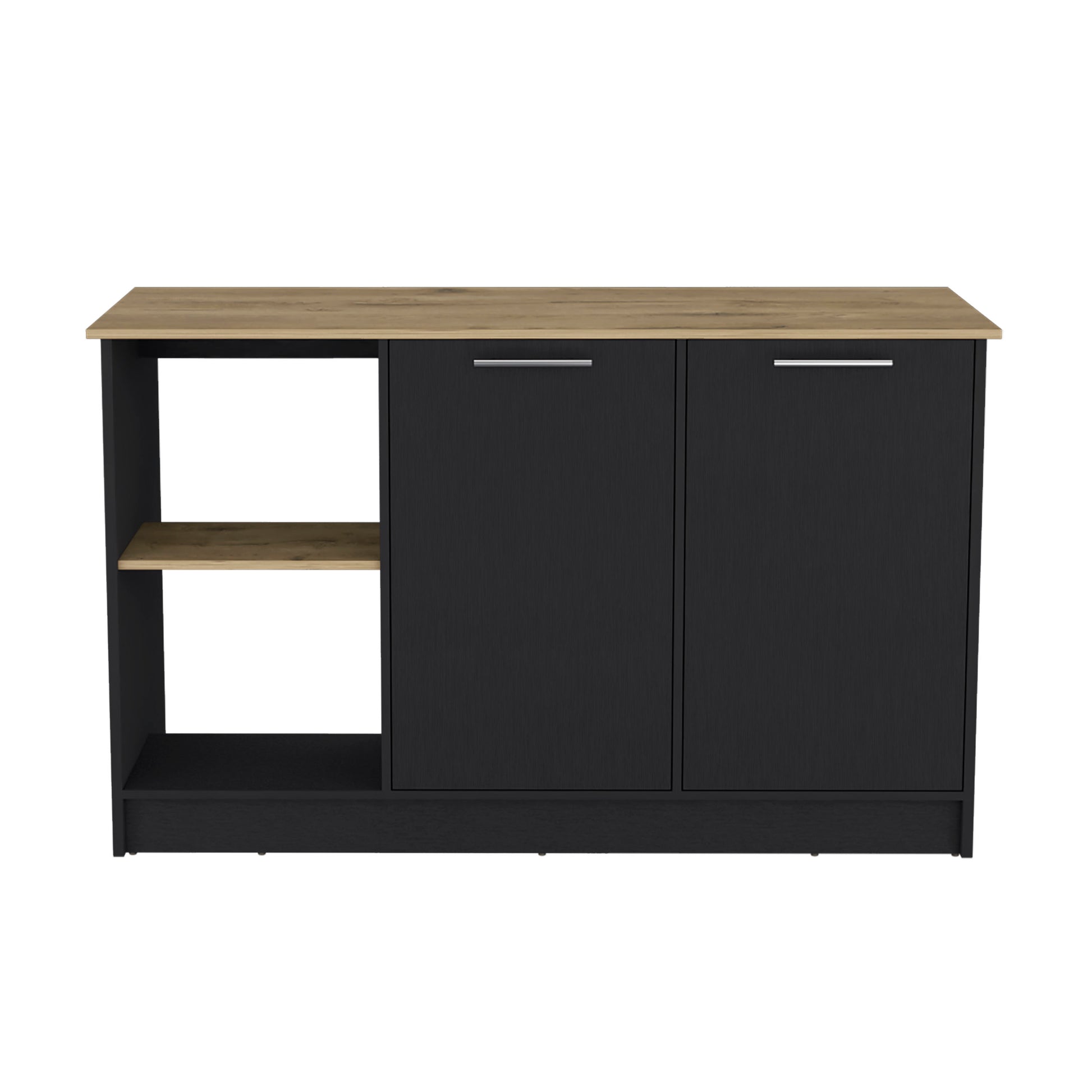 Black sideboard with wood top and open shelving