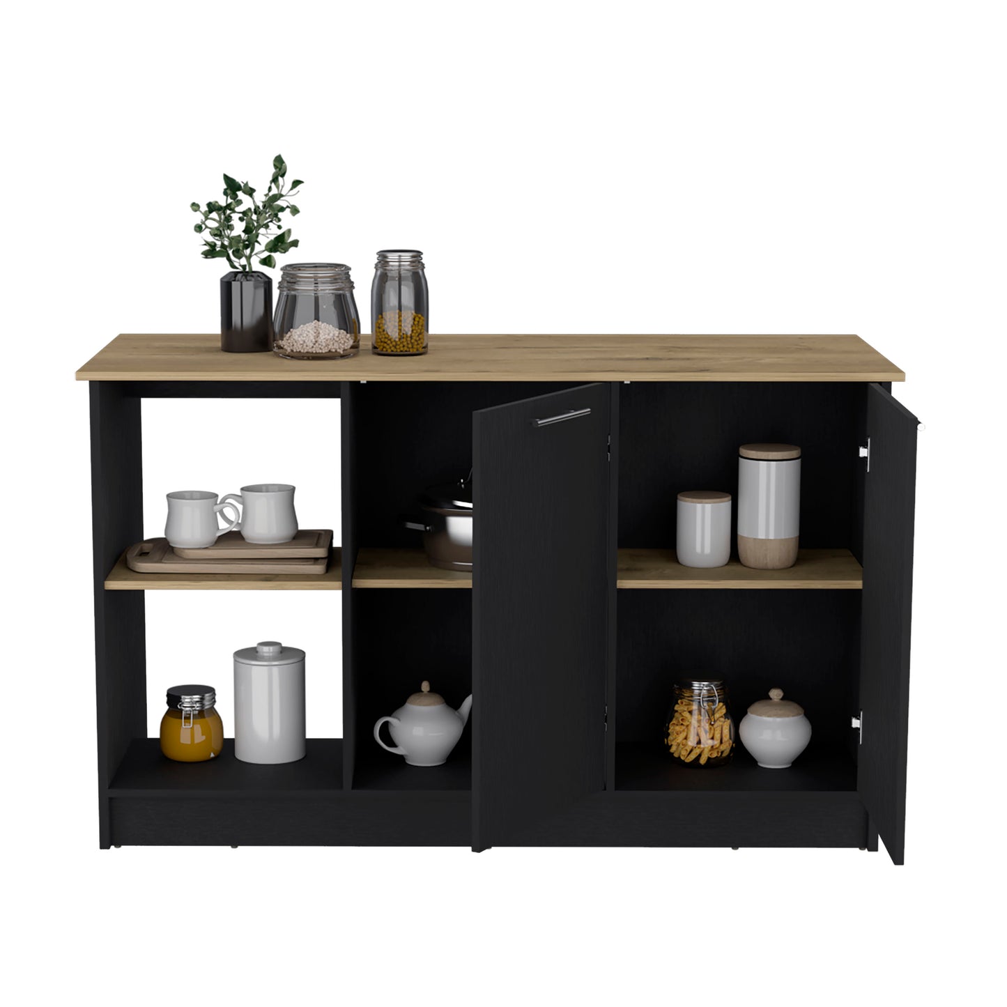 Black and wood kitchen island with open shelves displaying cookware and pantry jars