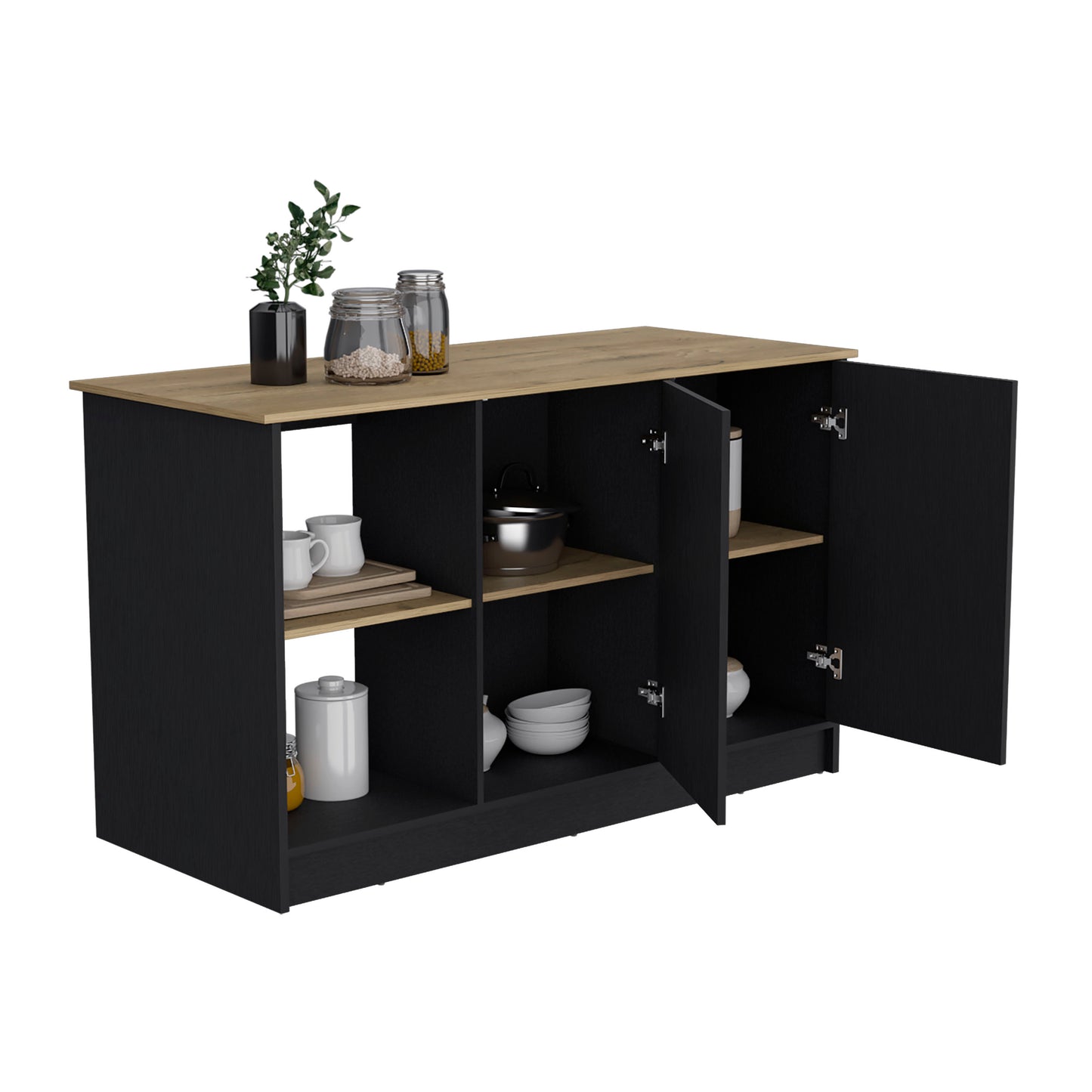 Black and oak buffet cabinet with open doors showcasing kitchenware
