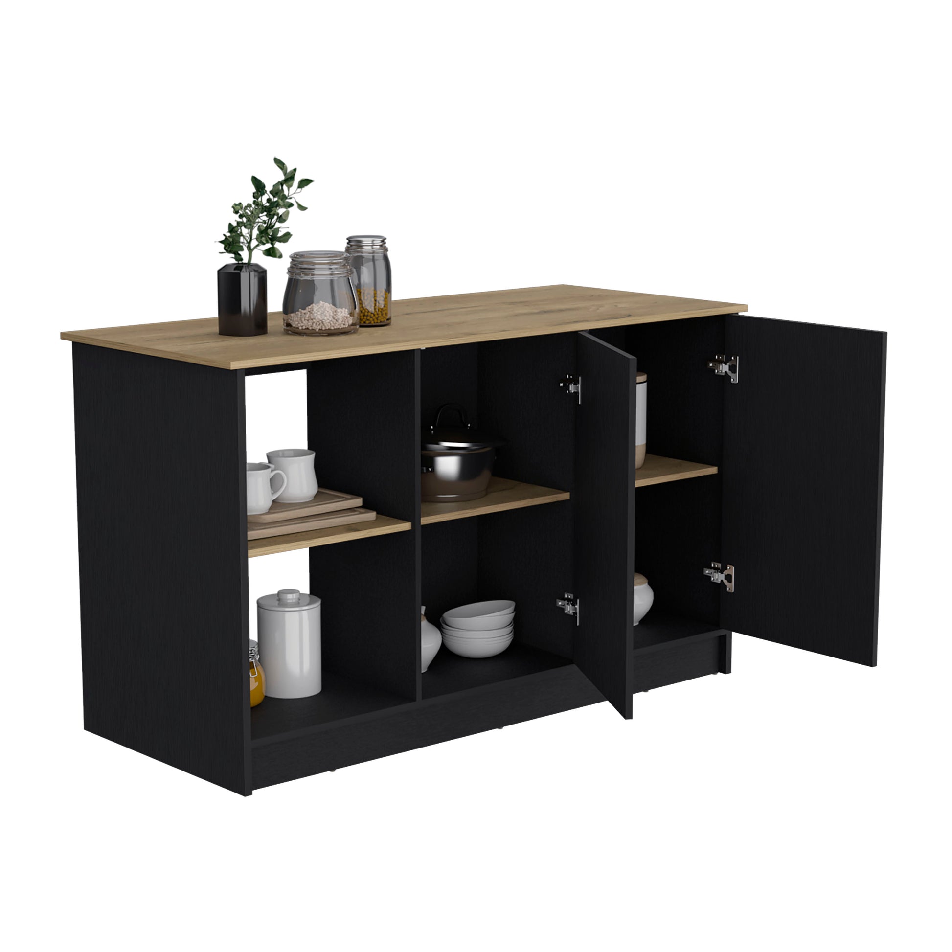 Black and oak buffet cabinet with open doors showcasing kitchenware