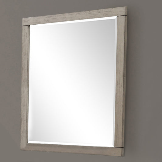 Rectangular wooden framed mirror with a light oak finish perfect for a modern bathroom vanity