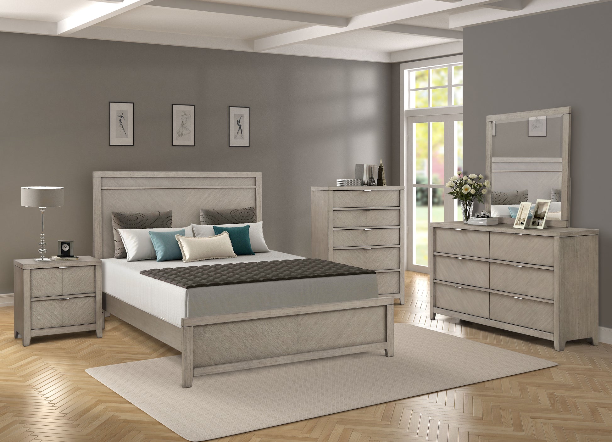 Modern light wood queen bed frame with textured headboard and matching nightstand