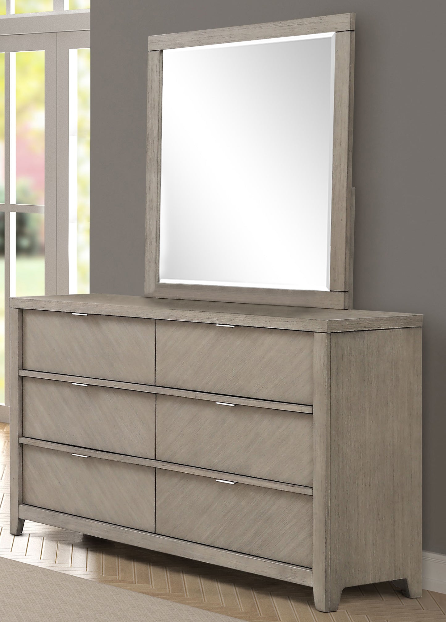 Grey wood dresser with six drawers and a matching mirror ideal for bedroom storage