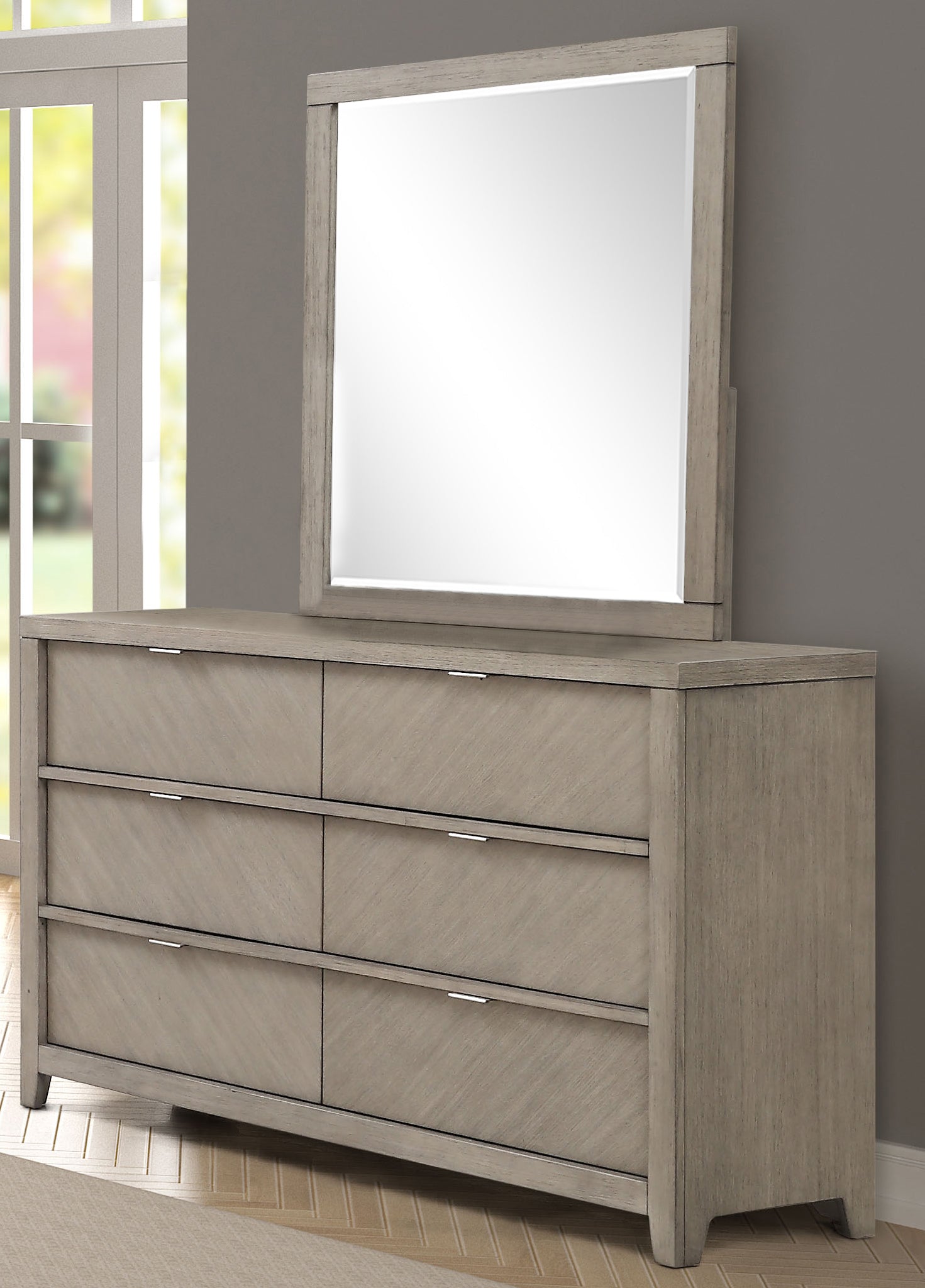 Grey wood dresser with six drawers and a matching mirror ideal for bedroom storage