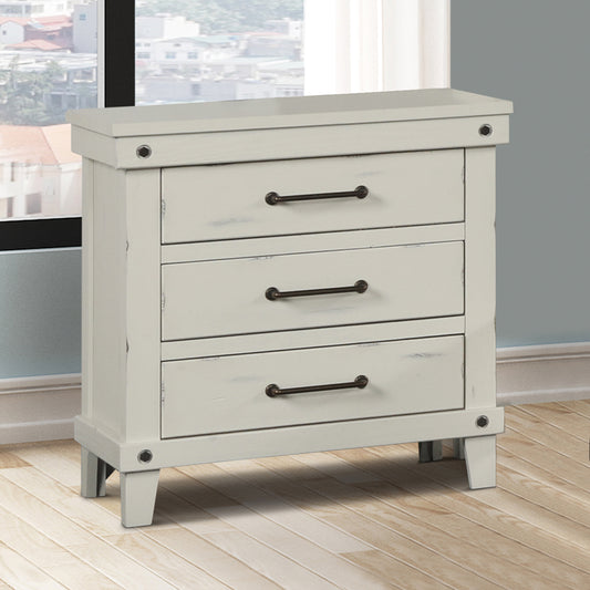 Distressed white wood nightstand with three dark metal pull drawers