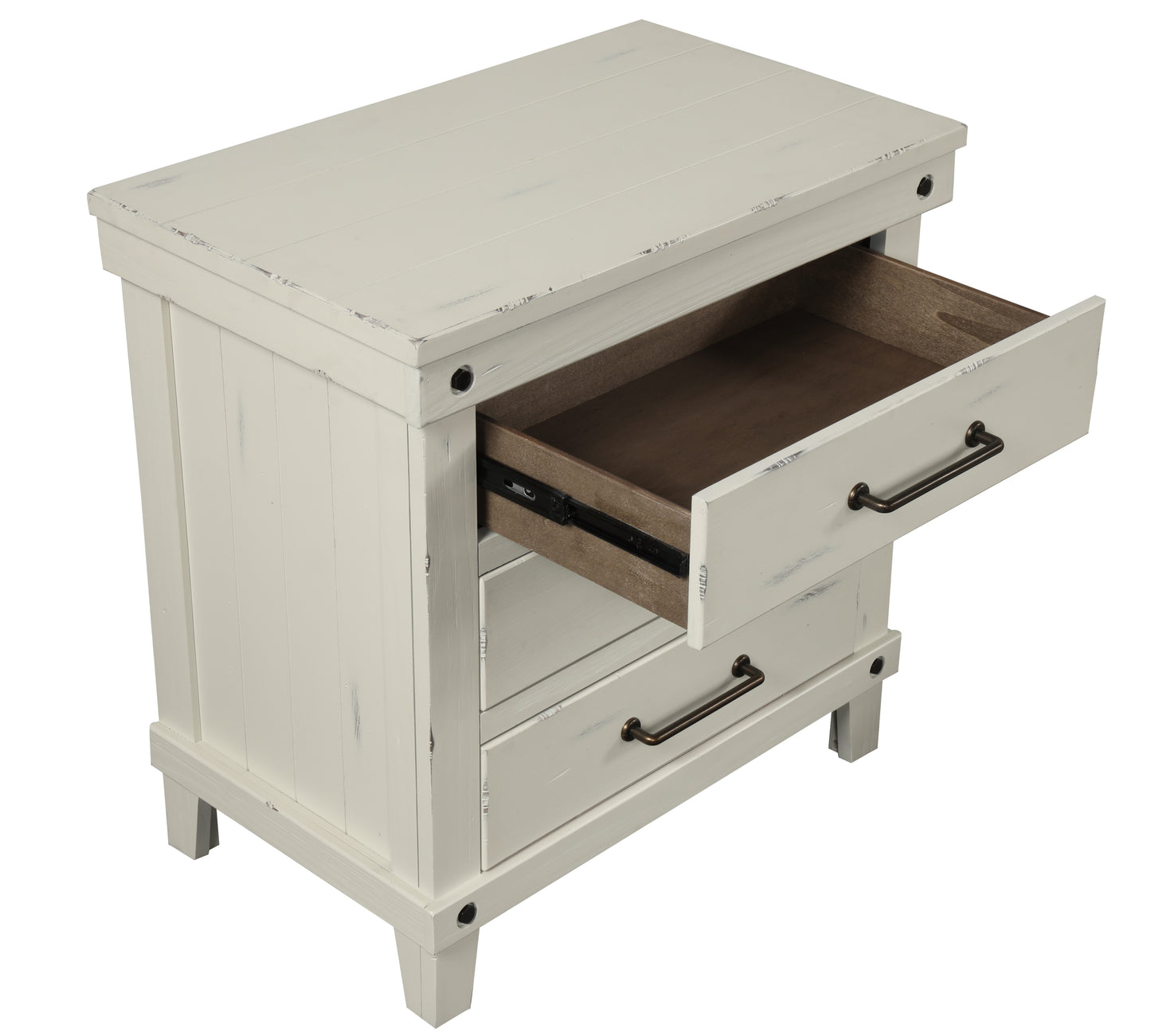 Distressed offwhite wooden nightstand with two drawers and antique brass pulls