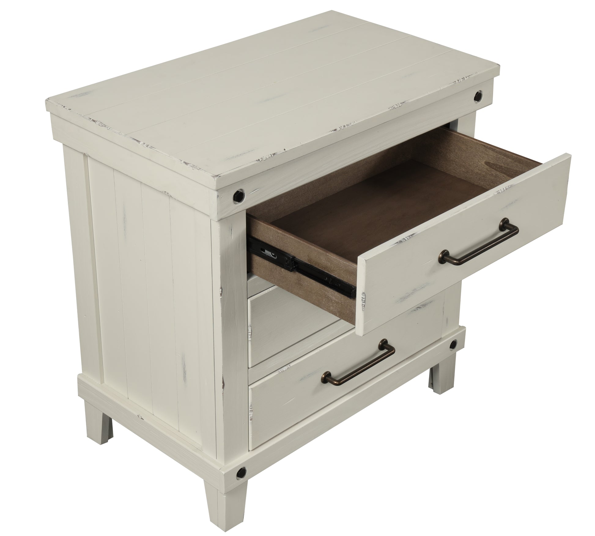 Distressed offwhite wooden nightstand with two drawers and antique brass pulls
