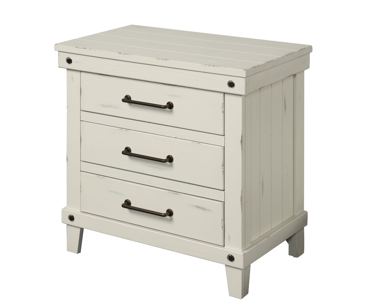 Distressed white farmhouse nightstand with three drawers and oilrubbed bronze pulls