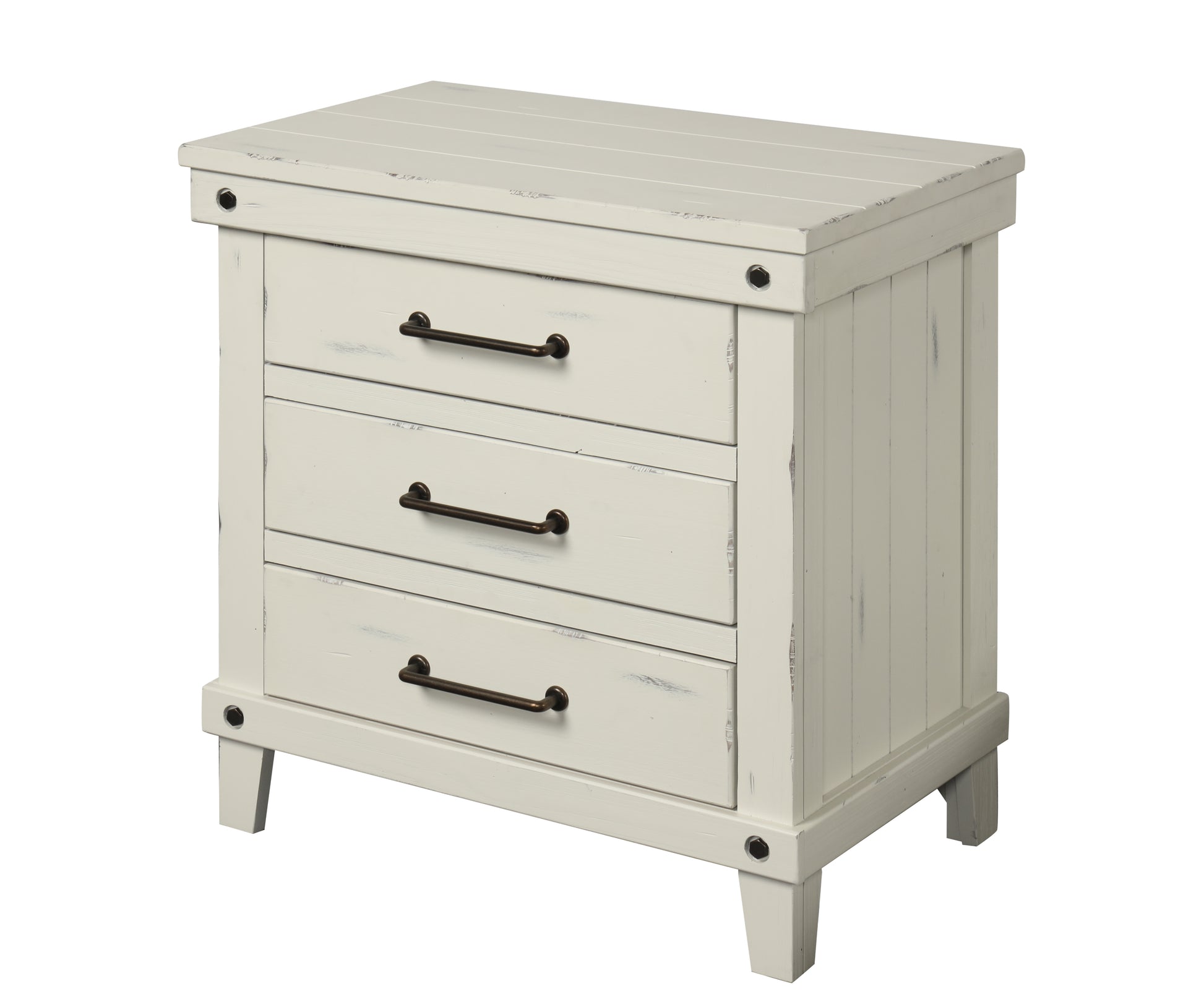 Distressed white farmhouse nightstand with three drawers and oilrubbed bronze pulls