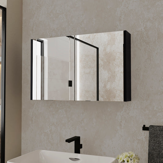 Modern black framed triple mirrored medicine cabinet with softclose hinges