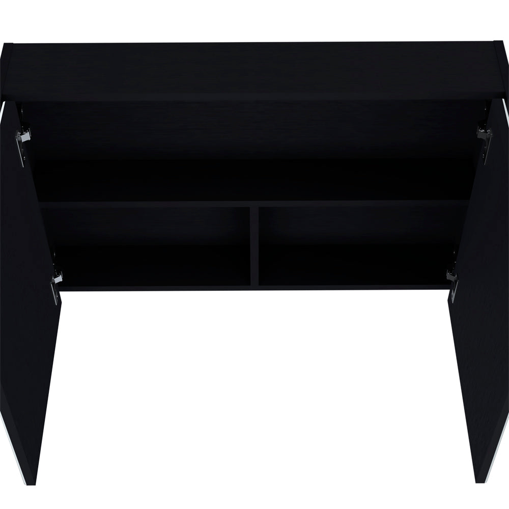 Black minimalist storage cabinet with open doors and internal shelving