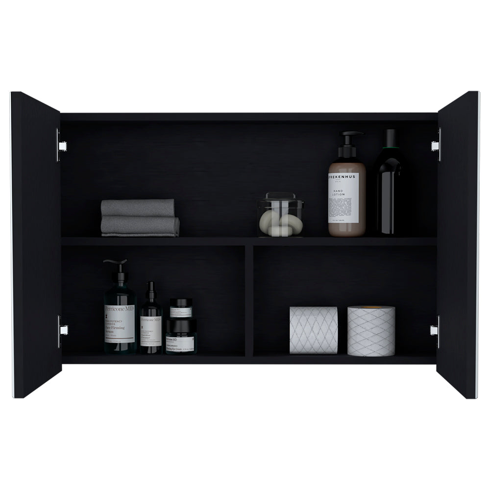 Black modern bathroom cabinet with open doors displaying toiletries