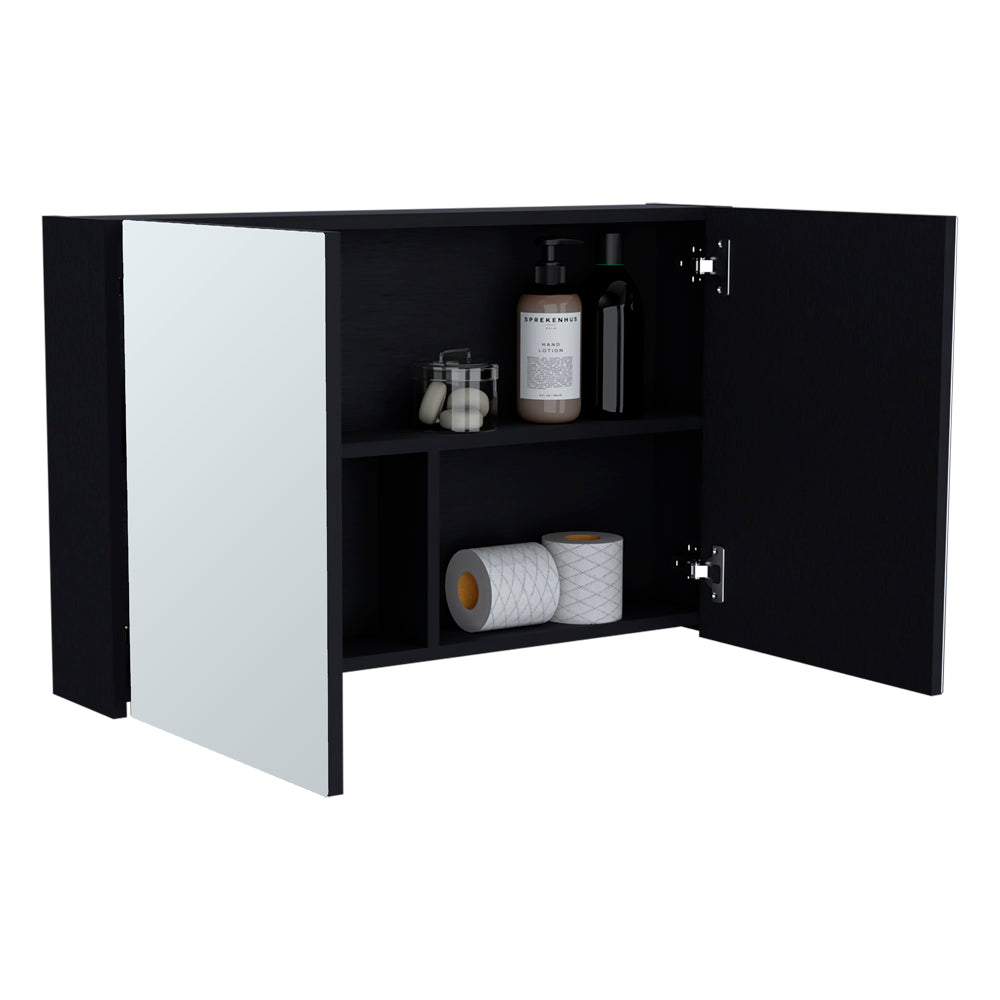 Black and white modern wall cabinet with open doors stocked with bath essentials like lotion and toilet paper