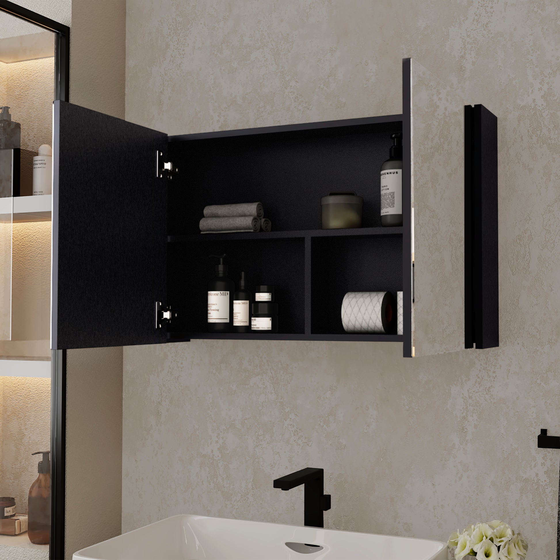 Open modern black medicine cabinet with skincare products neatly arranged inside