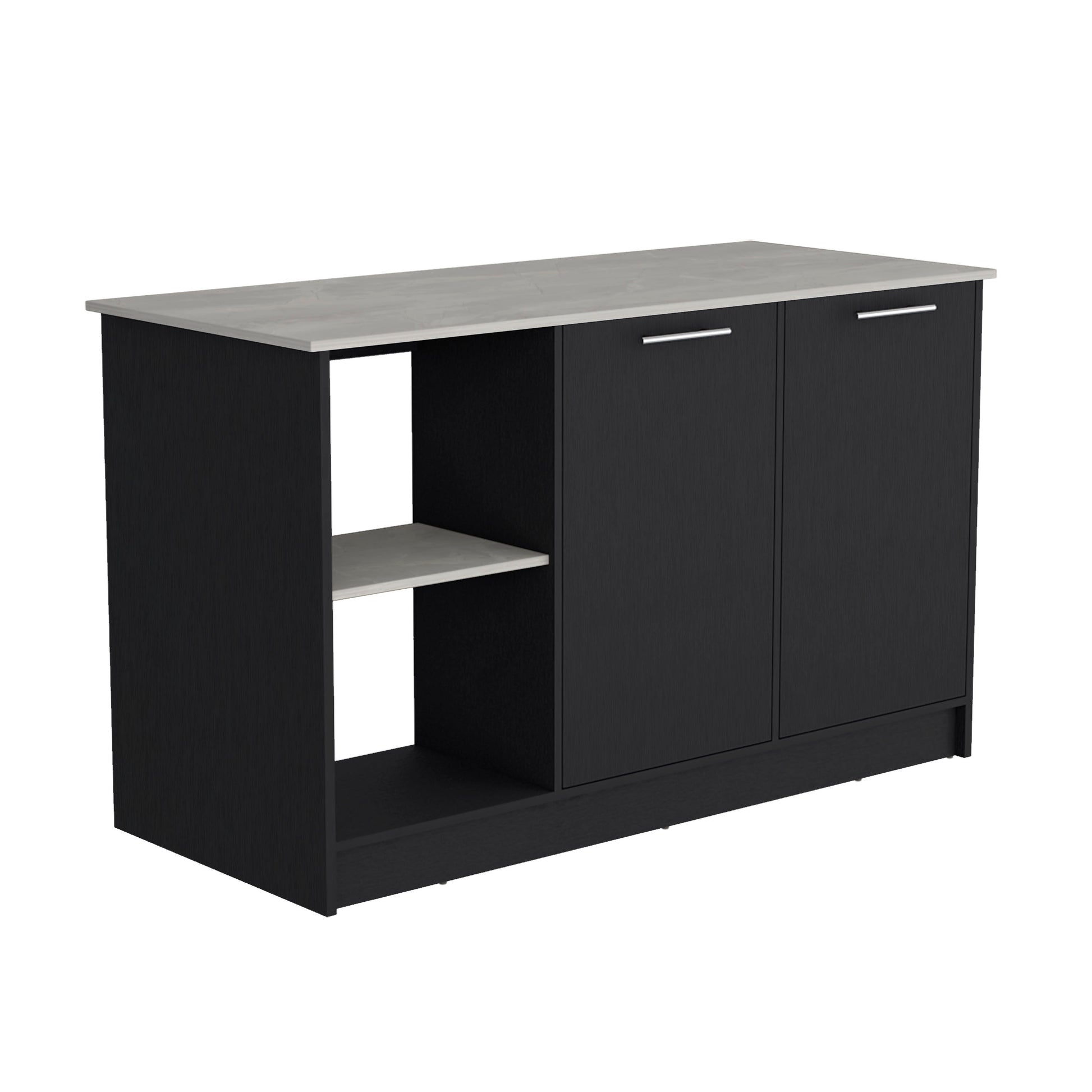 Black kitchen island with grey countertop and open shelves for storage