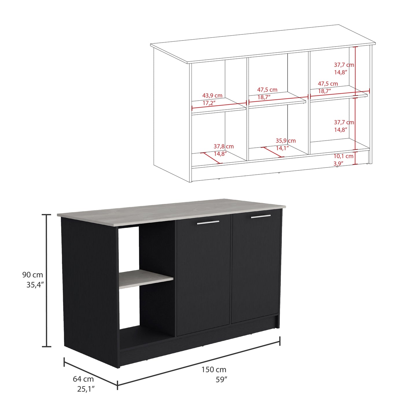 Black kitchen island cabinet with a light gray countertop