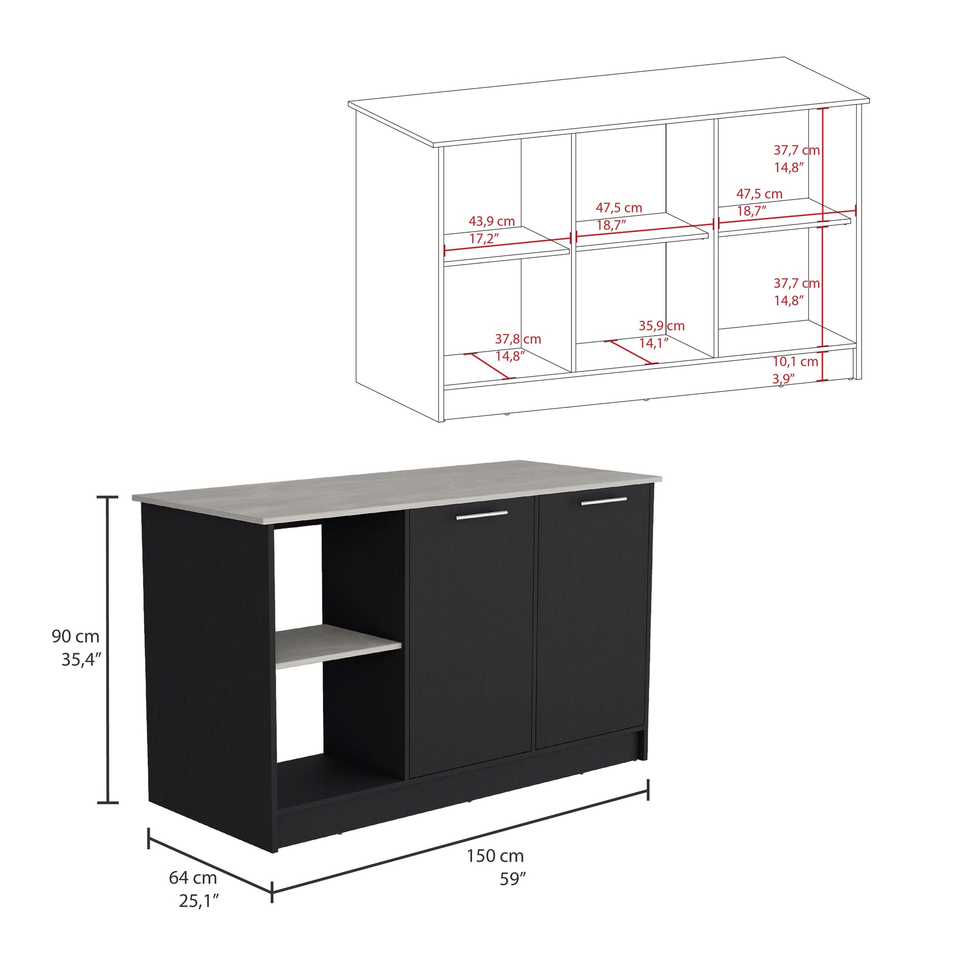 Black kitchen island cabinet with a light gray countertop