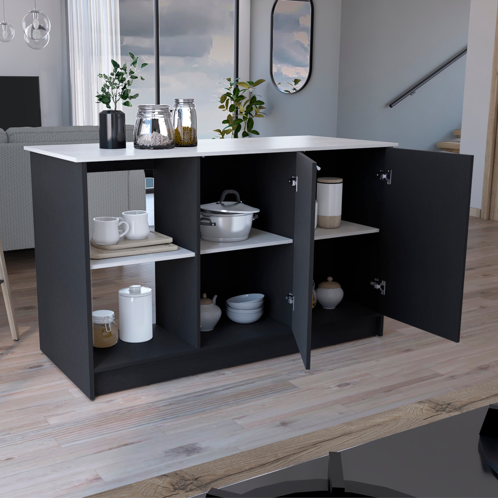 Dark gray kitchen island with white countertop