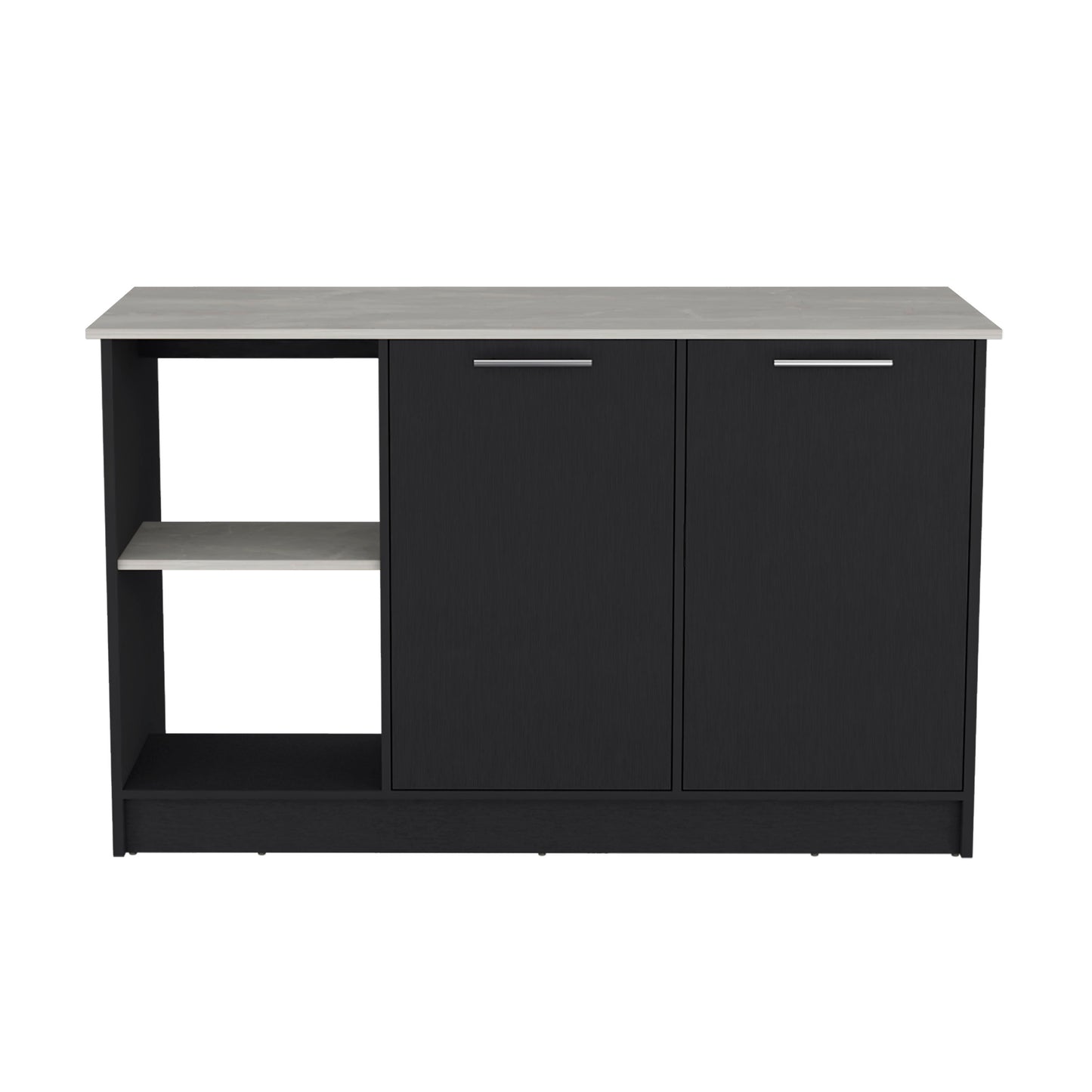 Black wood sideboard with concretelook countertop and open shelving