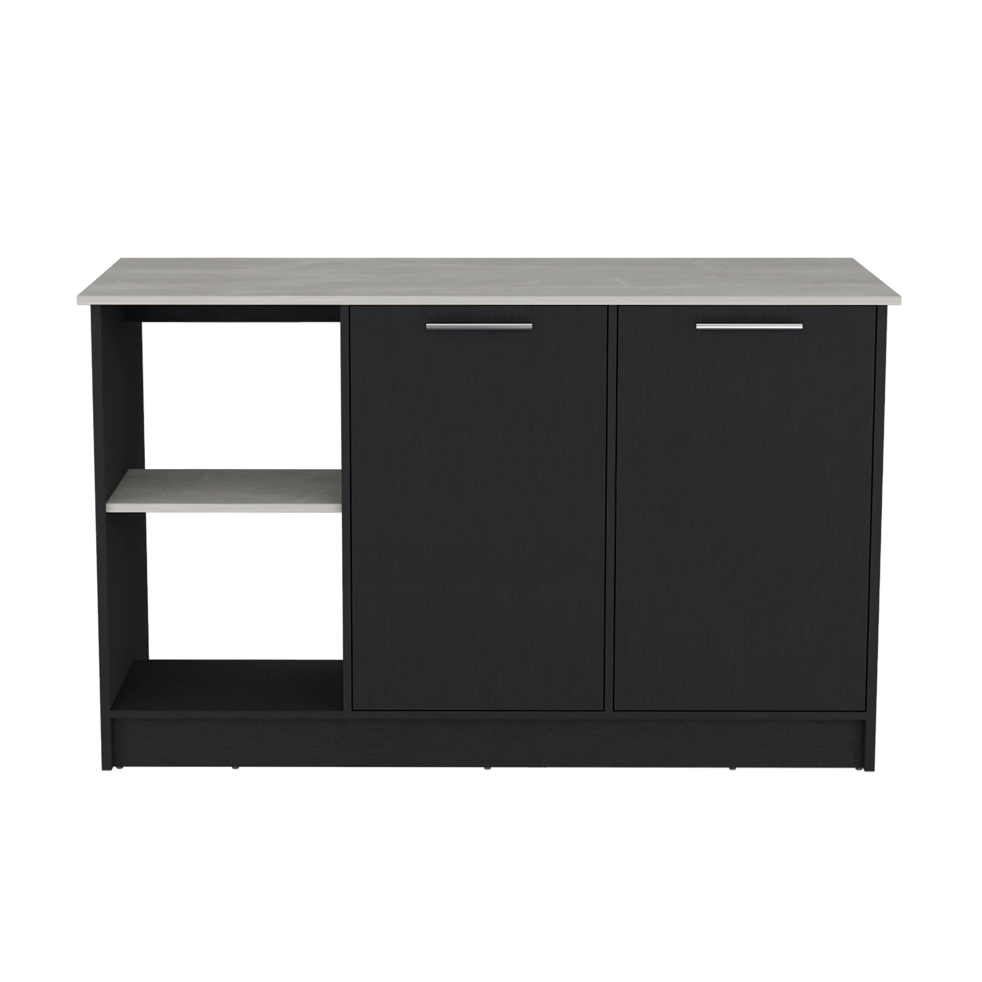 Black wood sideboard with concretelook countertop and open shelving