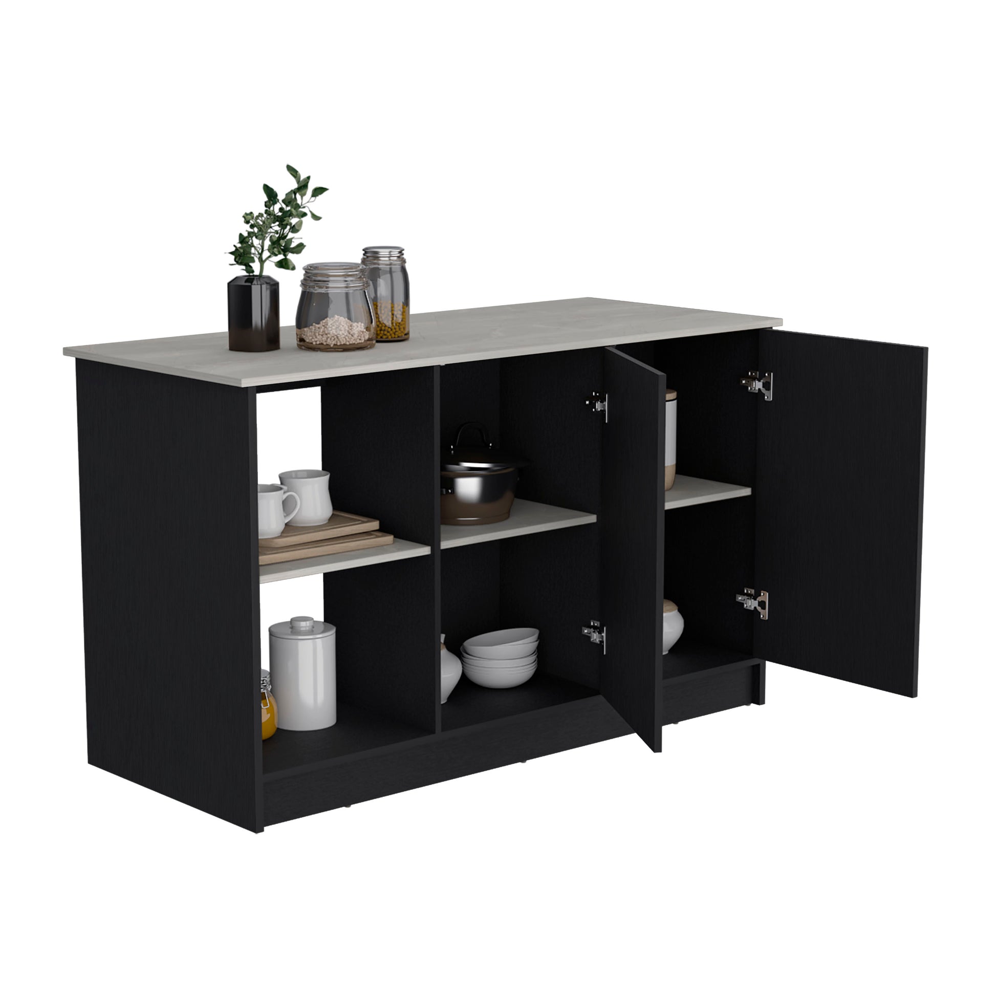 Black sideboard with two open cabinet doors displaying kitchenware featuring a stoneeffect top