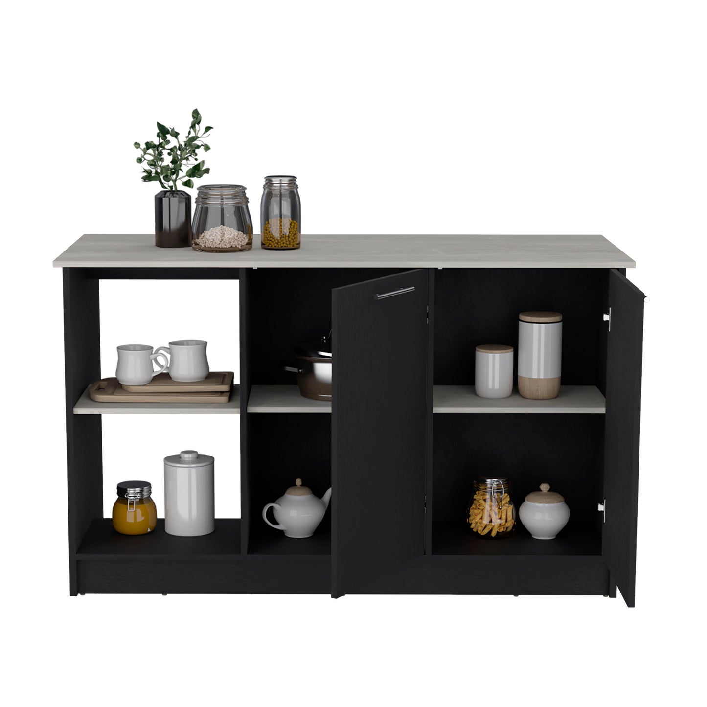 Black sideboard with light grey countertop holding decor