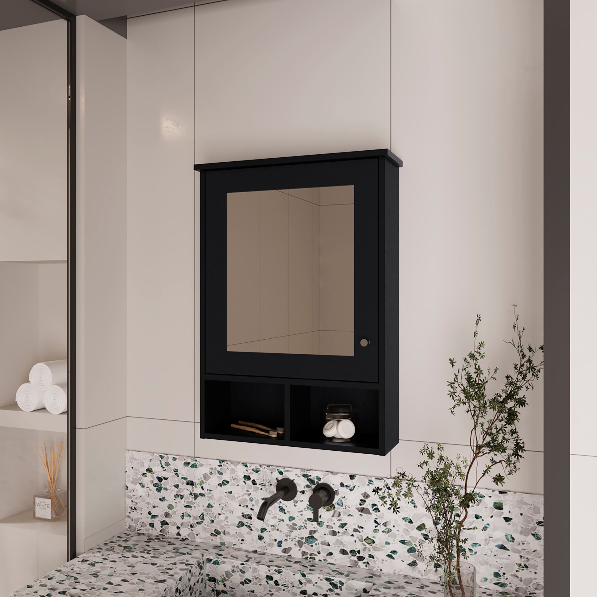 Black medicine cabinet with mirrored door and open shelving below