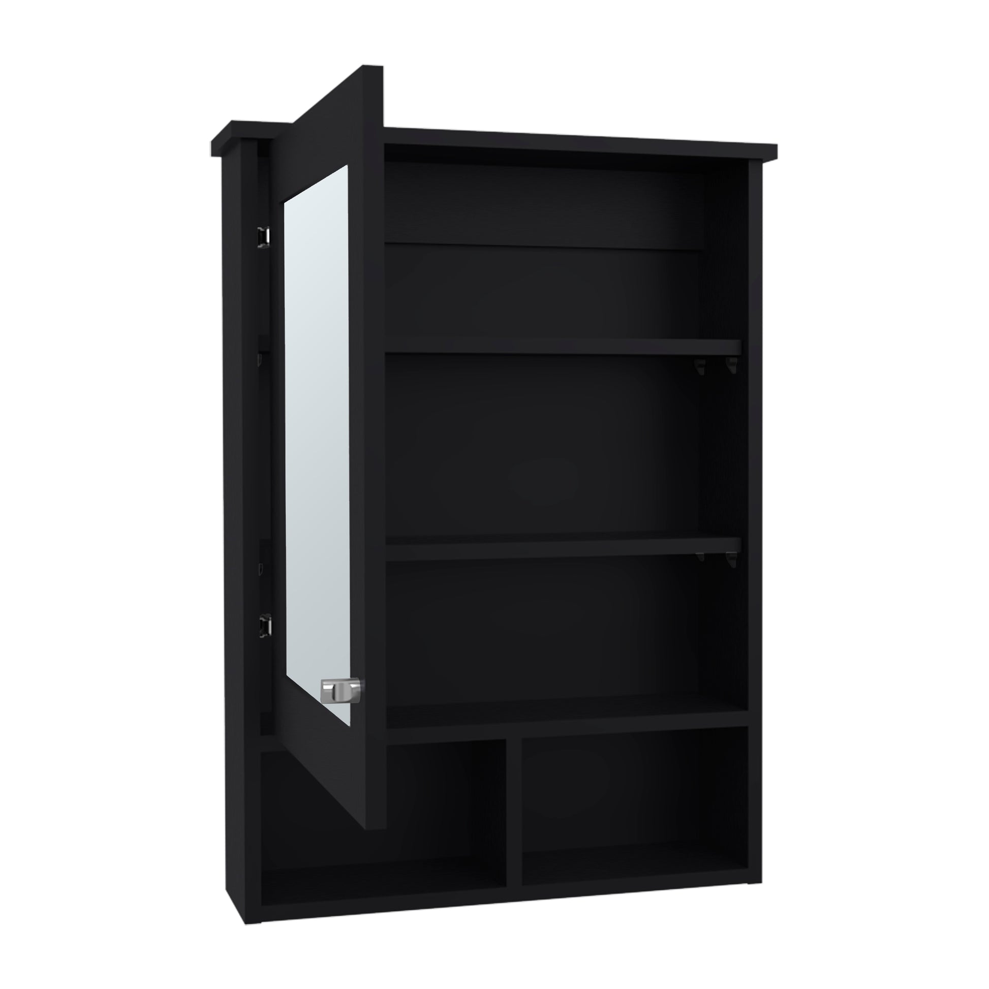 Black mirrored medicine cabinet with open shelves and minimalist design