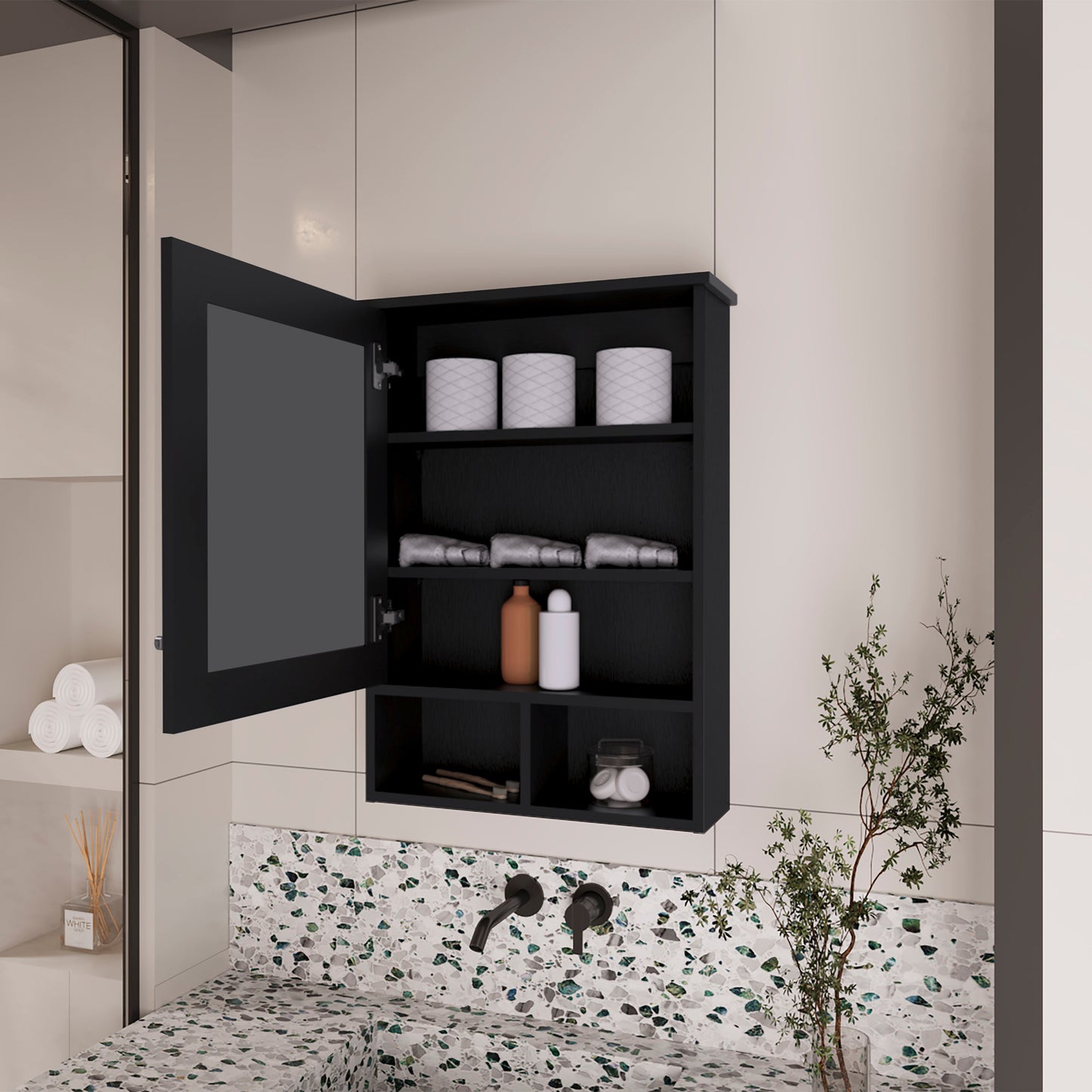 Black mirrored medicine cabinet with open door three shelves displaying toiletries