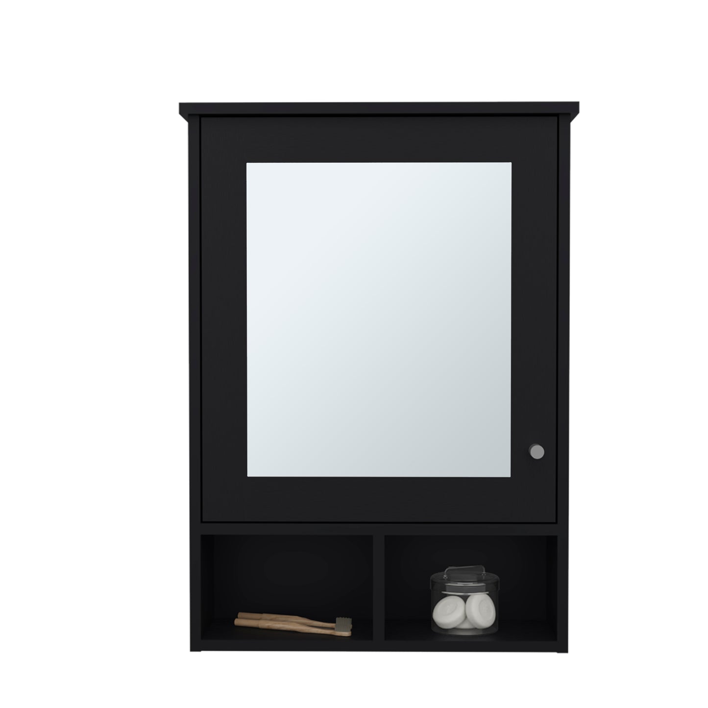 Modern black medicine cabinet with mirrored door and open shelves for bathroom organization