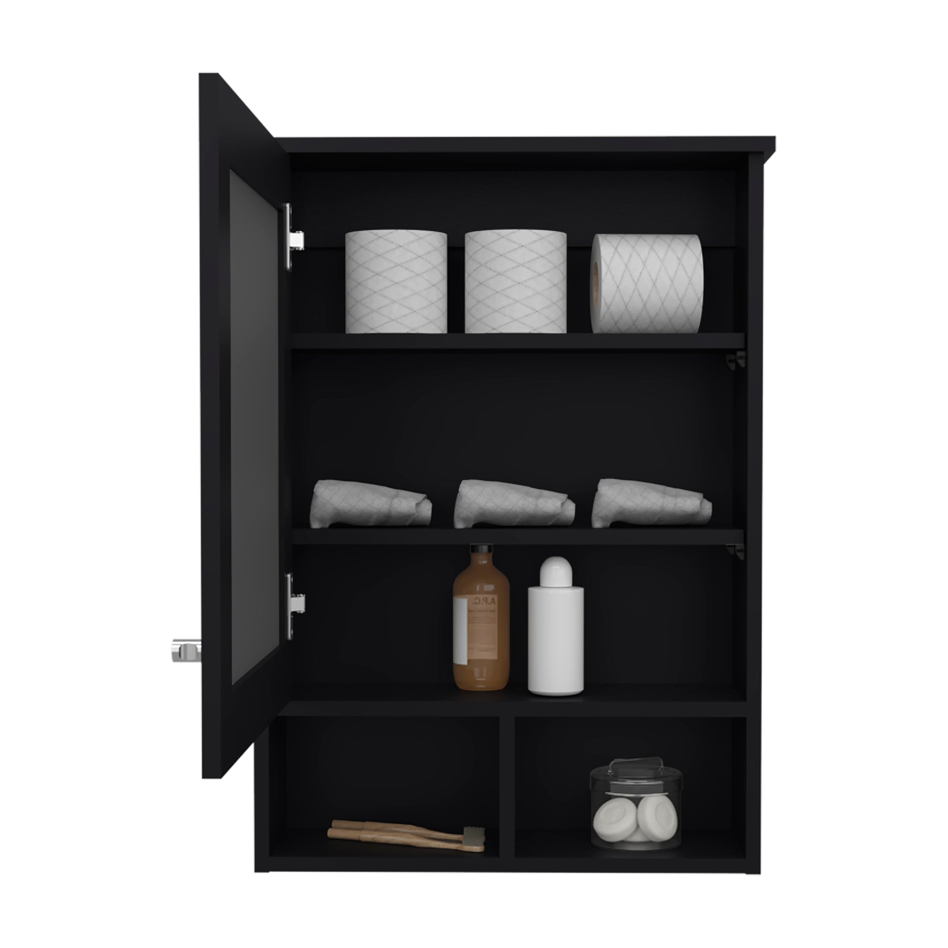 Black medicine cabinet with glass door storing toiletries