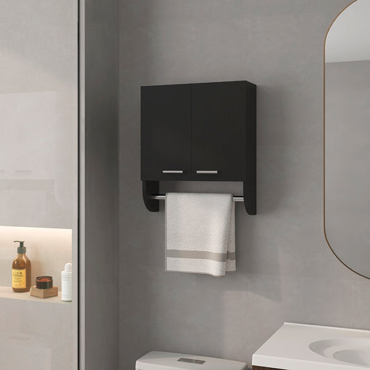 Modern black doubledoor bathroom cabinet with integrated towel bar and folded white towel