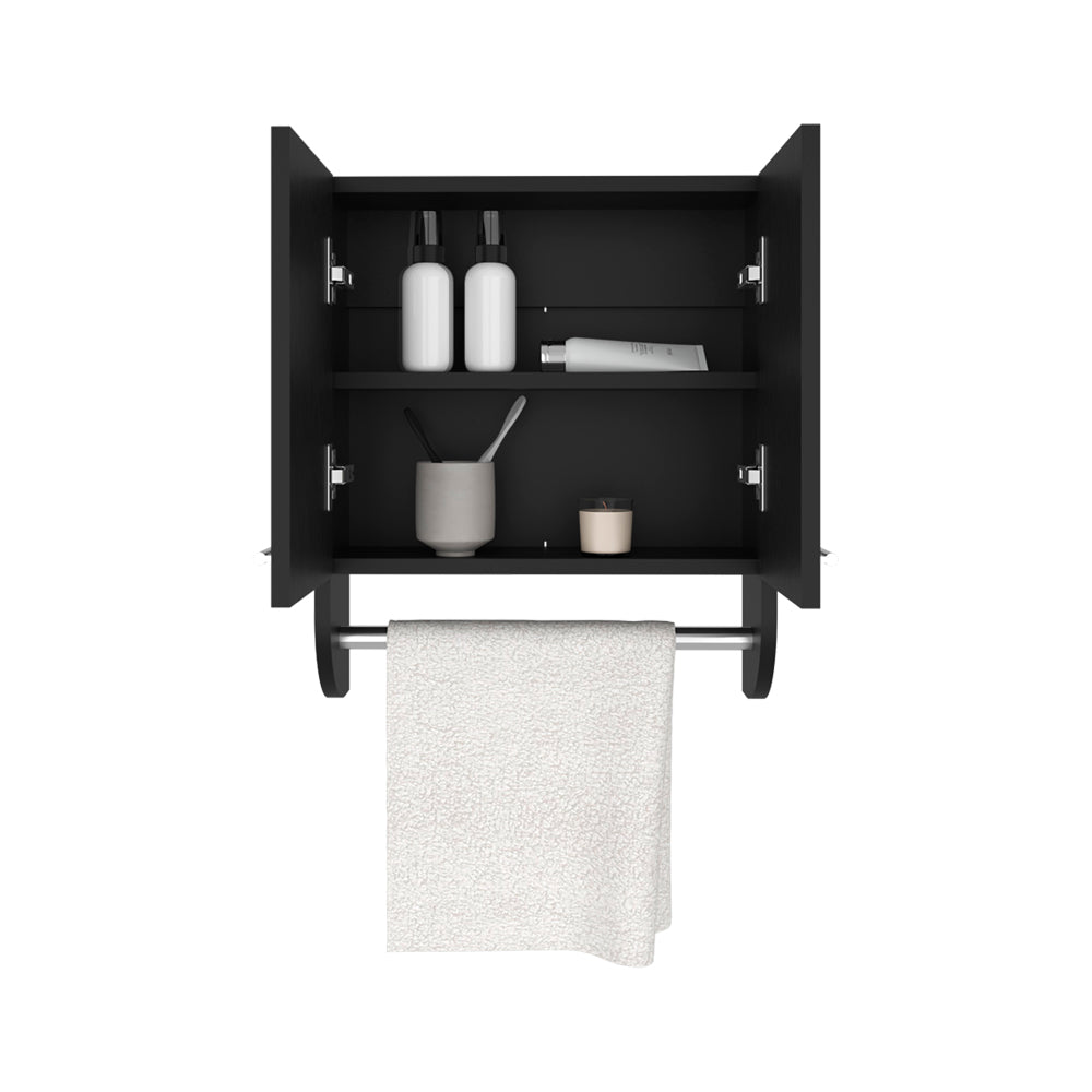 Black modern medicine cabinet with two doors open to display toiletries and a towel bar below