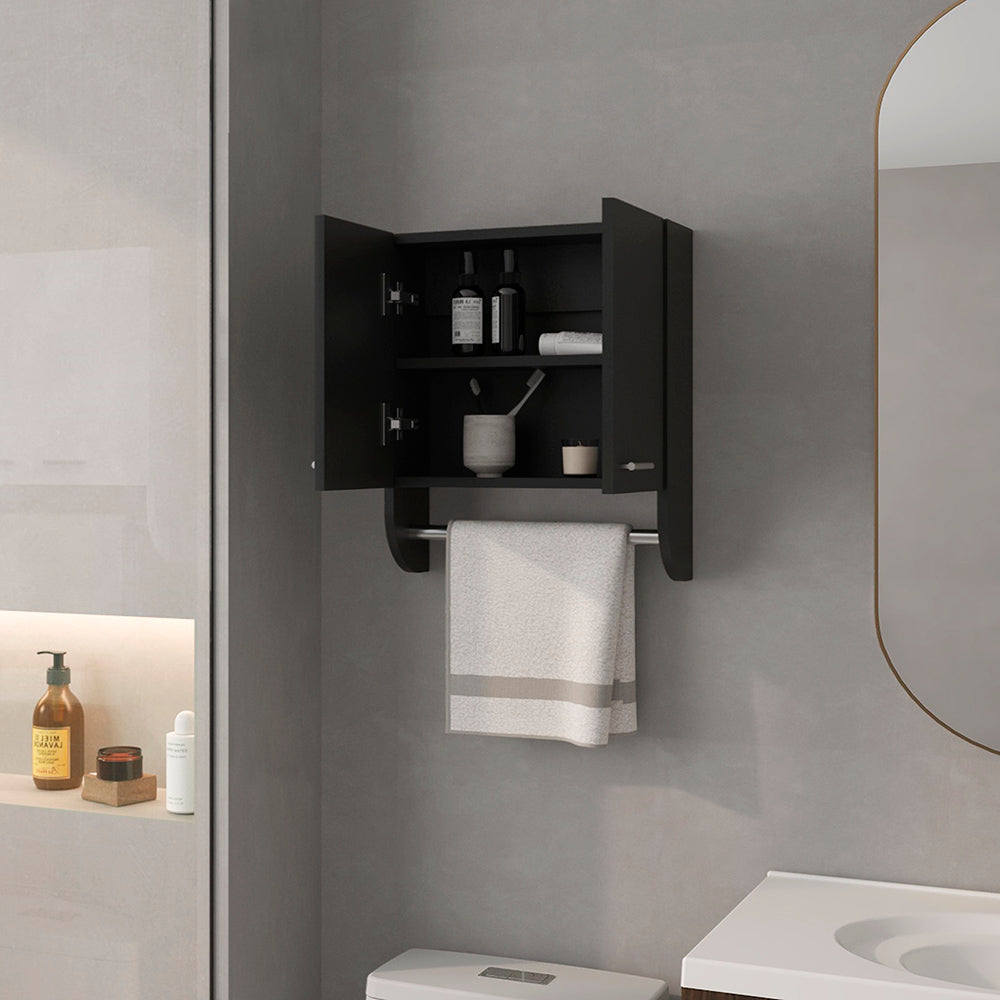 Modern black wallmounted medicine cabinet with towel bar ideal for bathrooms