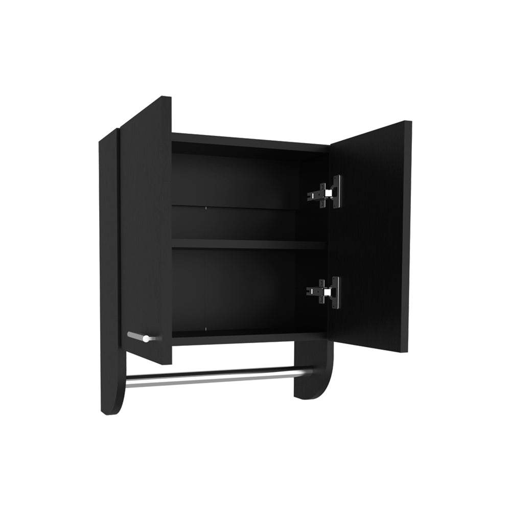 Modern black wallmounted bathroom cabinet with open doors and towel bar